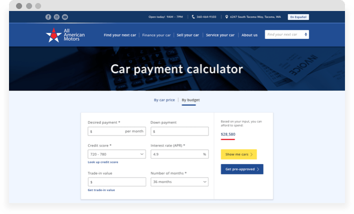 Imac showing 'Car Payment Calculator' tool of All American Motors Website
