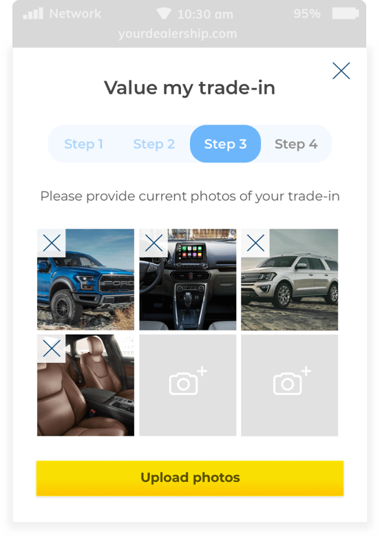 Screenshot of mobile version showing 'Value my trade-in' pop-up