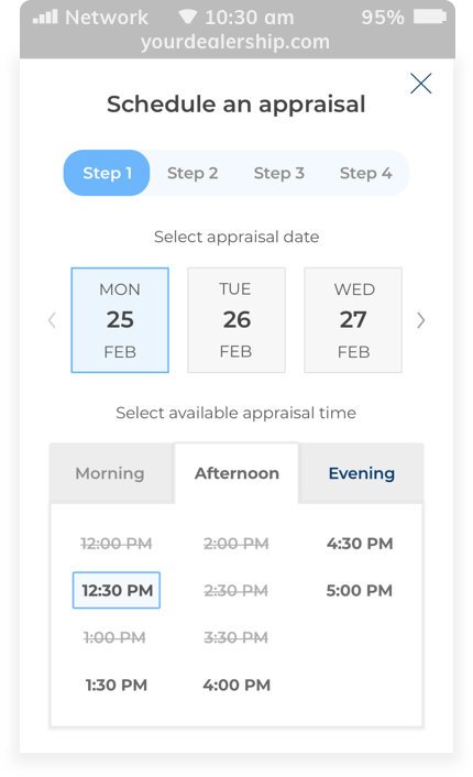 Screenshot of mobile version showing 'Schedule an appraisal' pop-up