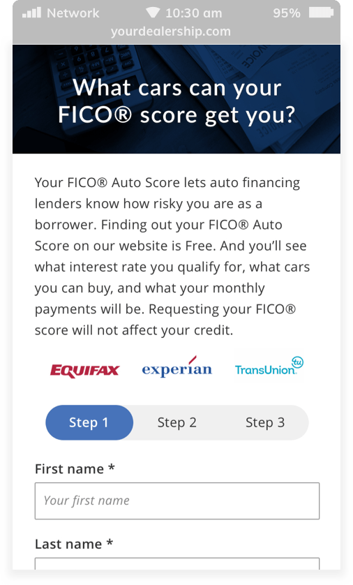 Screenshot of Credit Score page in the website of All American Motors Car Dealership inside of a mobile phone mock up