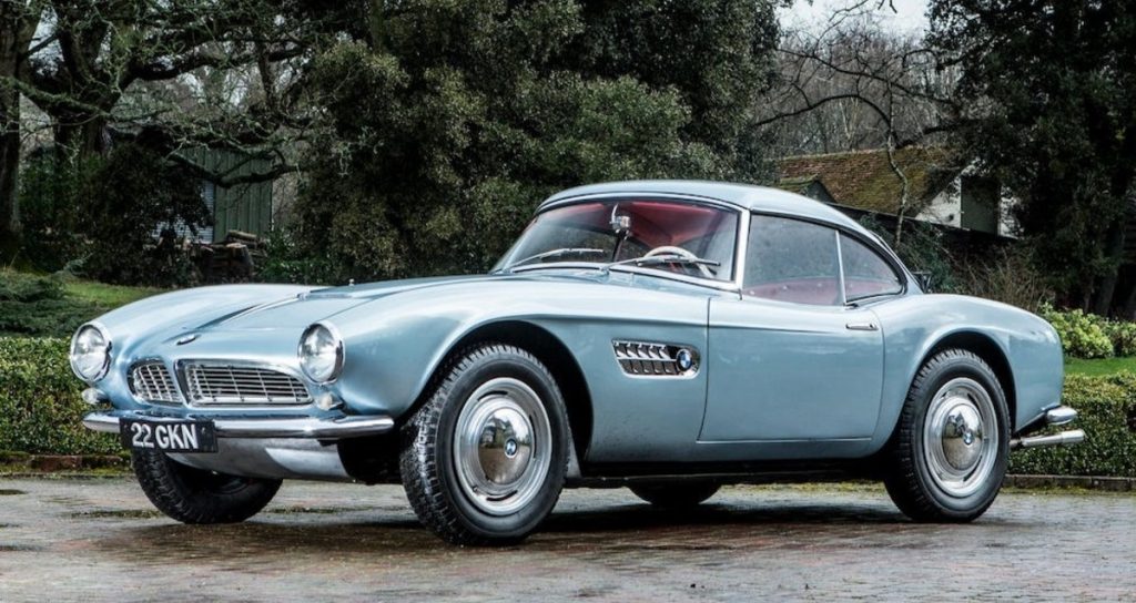 Blue 1957 BMW 507 parked on the road